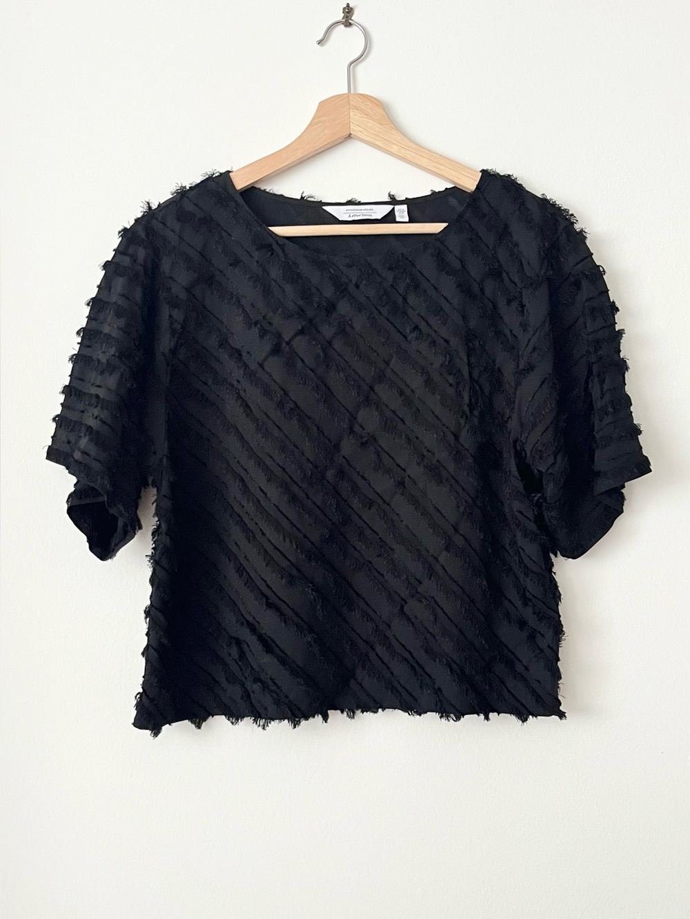 & Other Stories Women's Fringe Top Blouse Black XS Sheer Silk Cropped Boxy Party